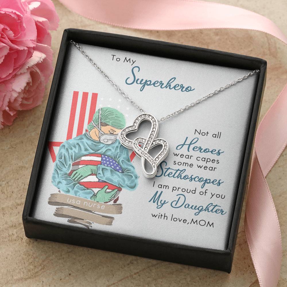 My Superhero Nurse Daughter Interlocking Double Hearts Necklace