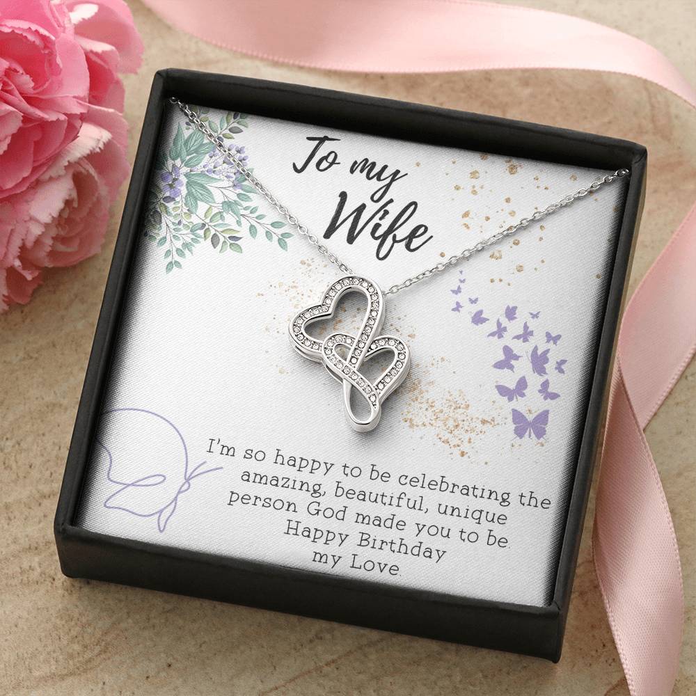 To My Wife Necklace - Gift For Wife Birthday Marriage - Happy Birthday My Love - Necklace For Fiancee Engagement Gift Double Hearts Necklace