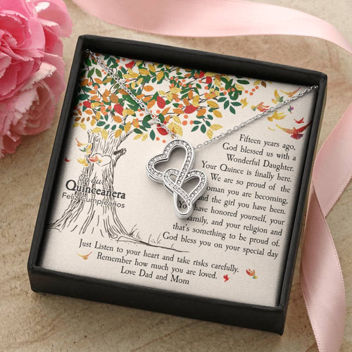 Quinceañera Feliz Cumpleaños Happy Birthday Double Hearts Necklace