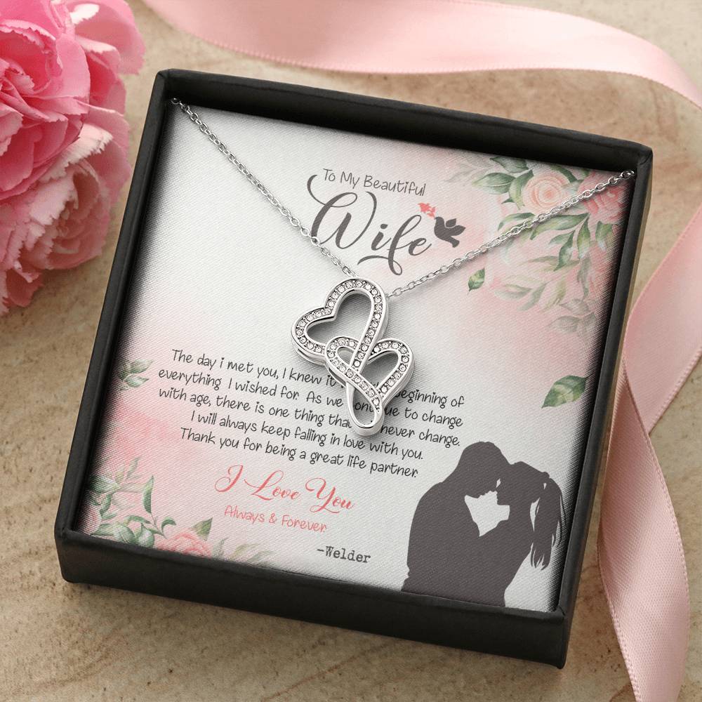 Welder's Wife Dazzling Pendant Double Hearts Necklace