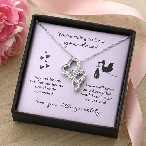 Grandma To Be Birth Announcement Double Hearts Lavender Stork Double Hearts Necklace