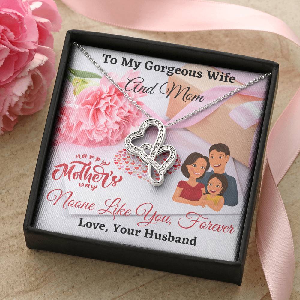 To My Gorgeous Wife And Mom Double Hearts Necklace