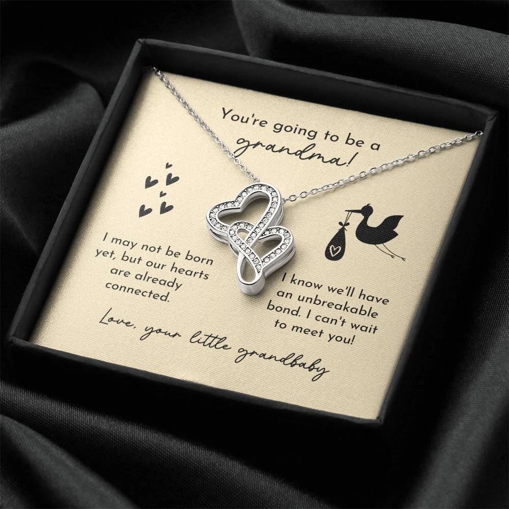 Grandma To Be Birth Announcement Double Hearts Yellow Stork Double Hearts Necklace