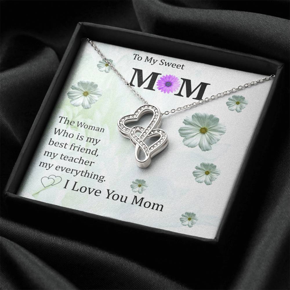 To My Sweet Mom With Pod Message Cards Gift For Mom. Double Hearts Necklace