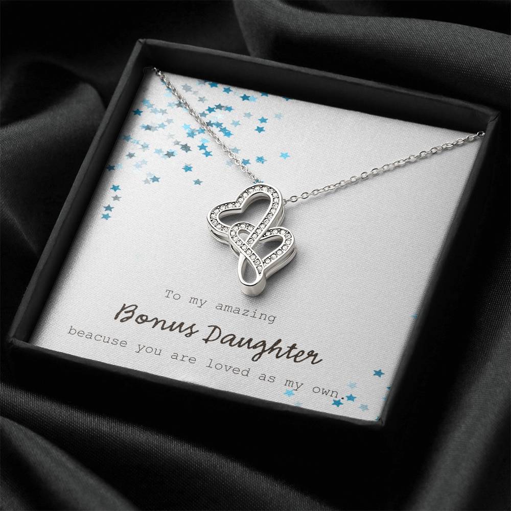 To My Amazing Bonus Daughter - Blue Double Hearts Necklace