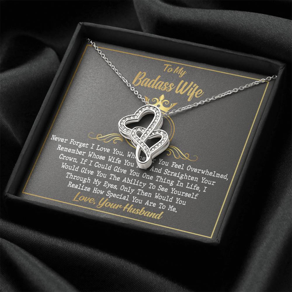 To My Badass Wife Birthday Gift Wife Anniversary Necklace Crystal Heart Golden Crown Necklace Gift - Valentines Day Gi Double Hearts Necklace