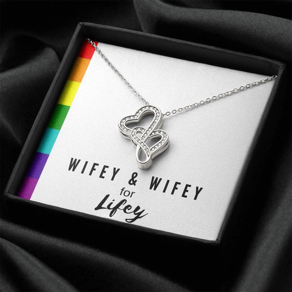 Wifey & Wifey For Lifey 14K White Gold Finish Double Hearts Necklace