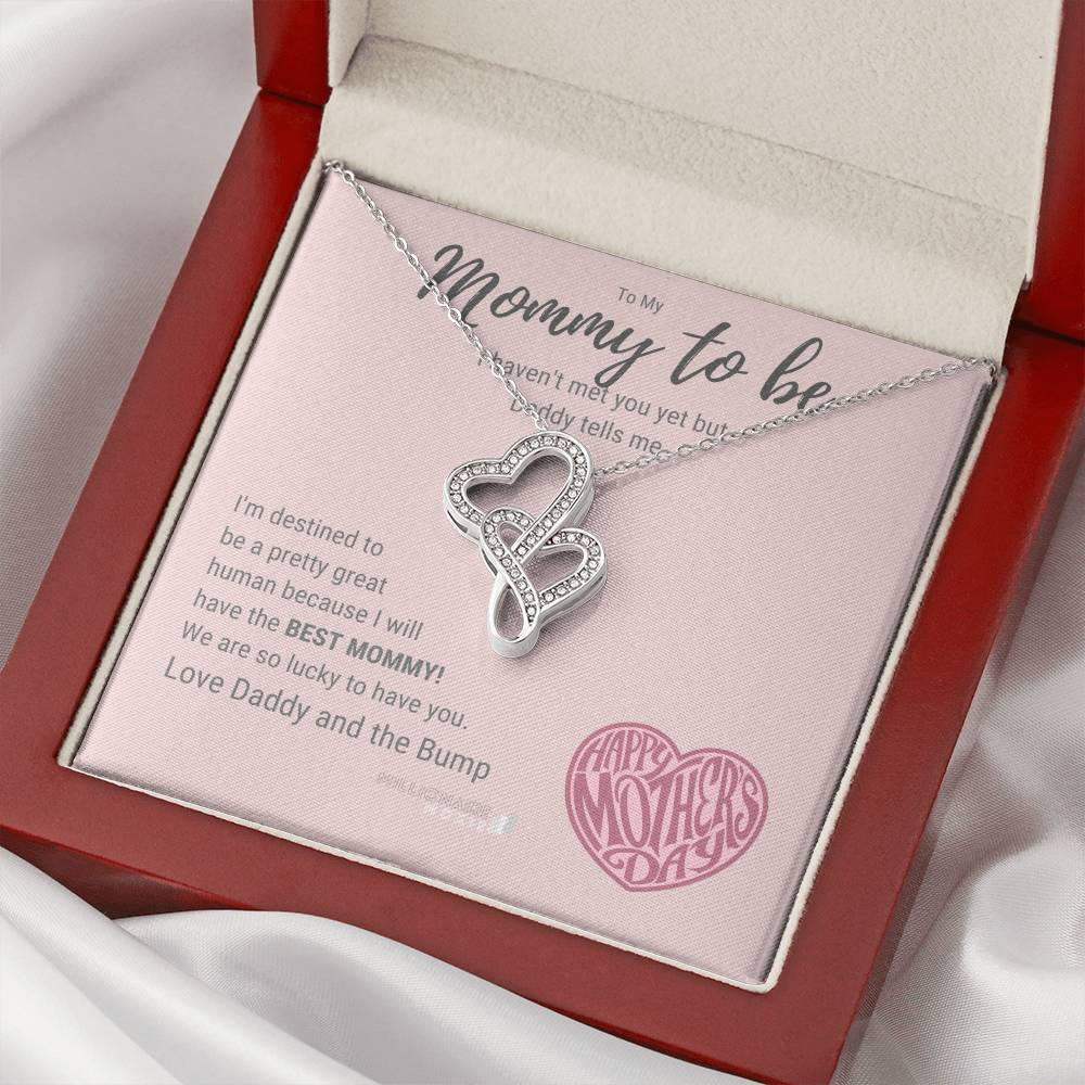Mother's Day Mommy To Be From Daddy And Bump - 14K White Gold Finish Cubic Zirconia Necklace Double Hearts Necklace