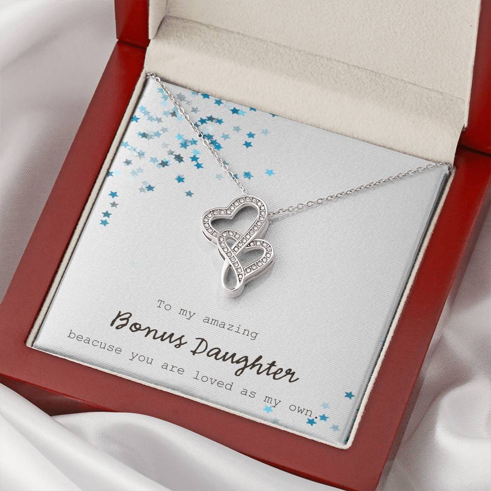 To My Amazing Bonus Daughter - Blue Double Hearts Necklace