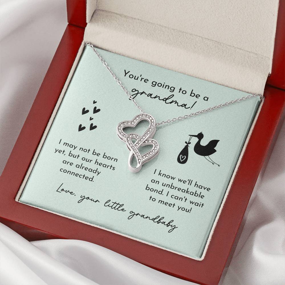 Grandma To Be Birth Announcement Double Hearts Mint Stork Double Hearts Necklace