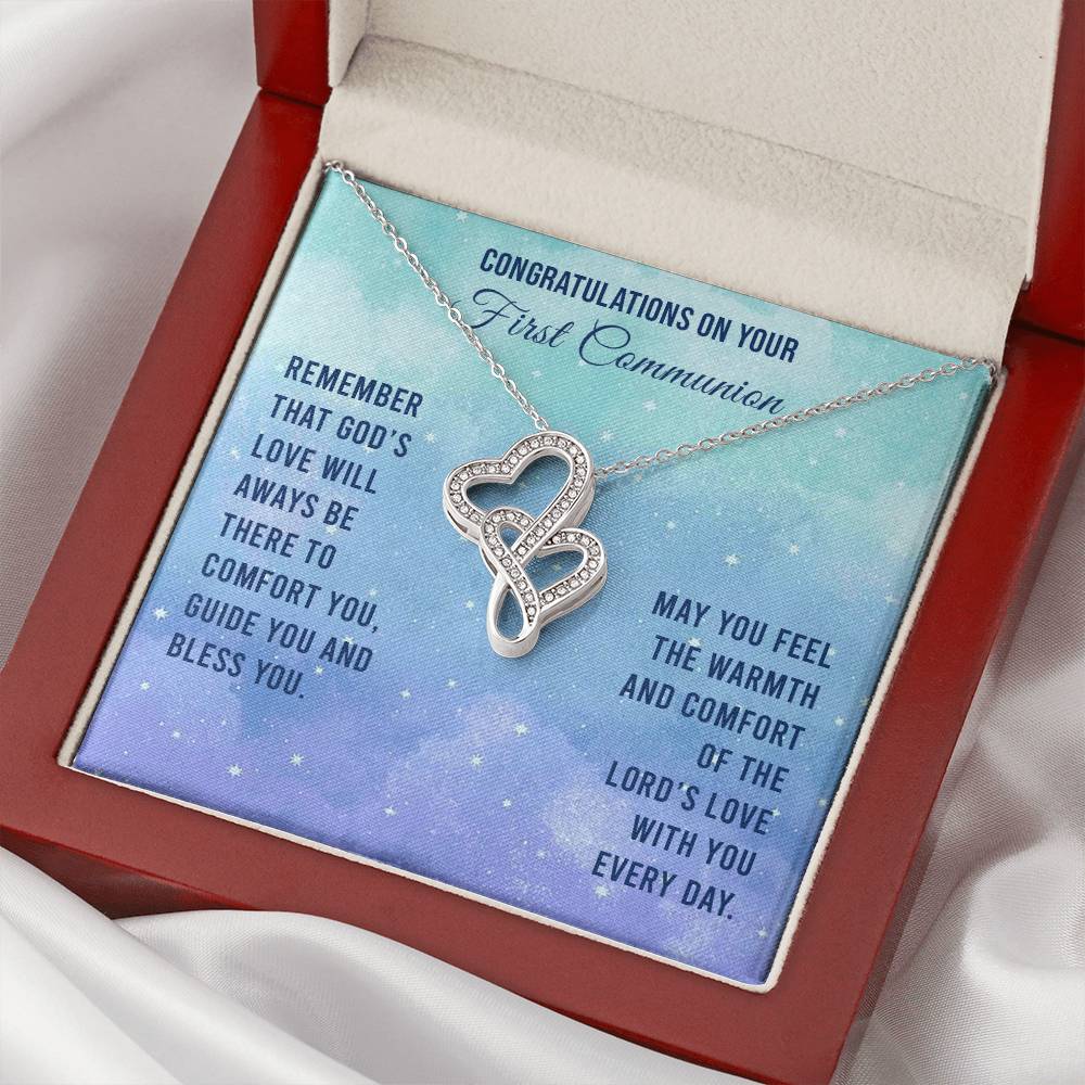 Congratulations On Your First Communion - Remember That God's Love Will Aways Be There To Comfort You Guide You And Bl Double Hearts Necklace