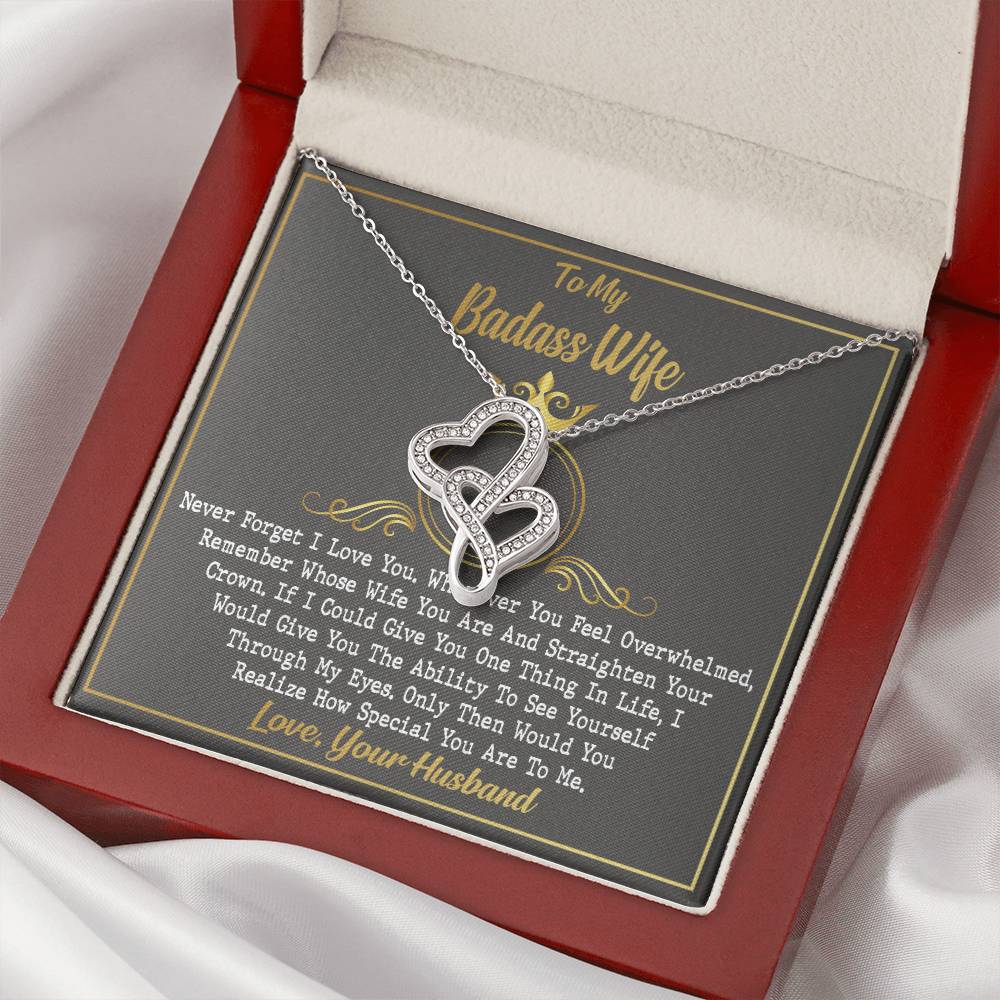 To My Badass Wife Birthday Gift Wife Anniversary Necklace Crystal Heart Golden Crown Necklace Gift - Valentines Day Gi Double Hearts Necklace