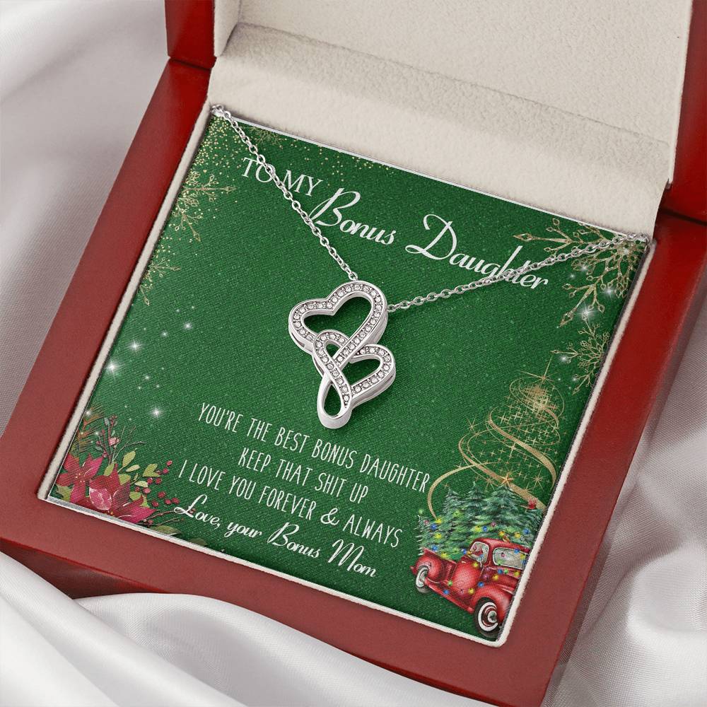To My Bonus Daughter Forever Love Necklace Christmas Gift - Bonus Daughter Double Heart Necklace - Step Daughter Gift Double Hearts Necklace