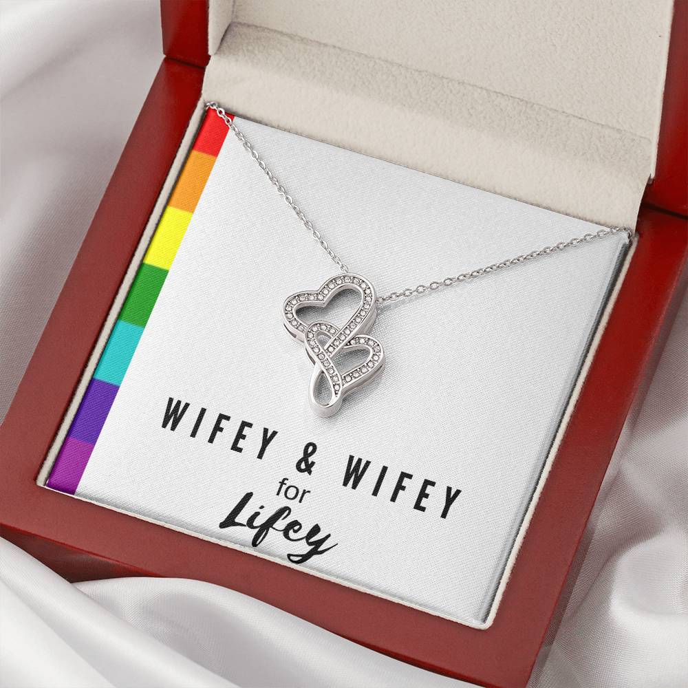 Wifey & Wifey For Lifey 14K White Gold Finish Double Hearts Necklace
