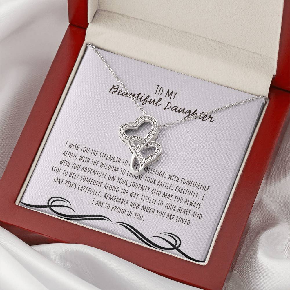 To My Beautiful Daughter I Wish You The Strength - Pink Double Hearts Necklace