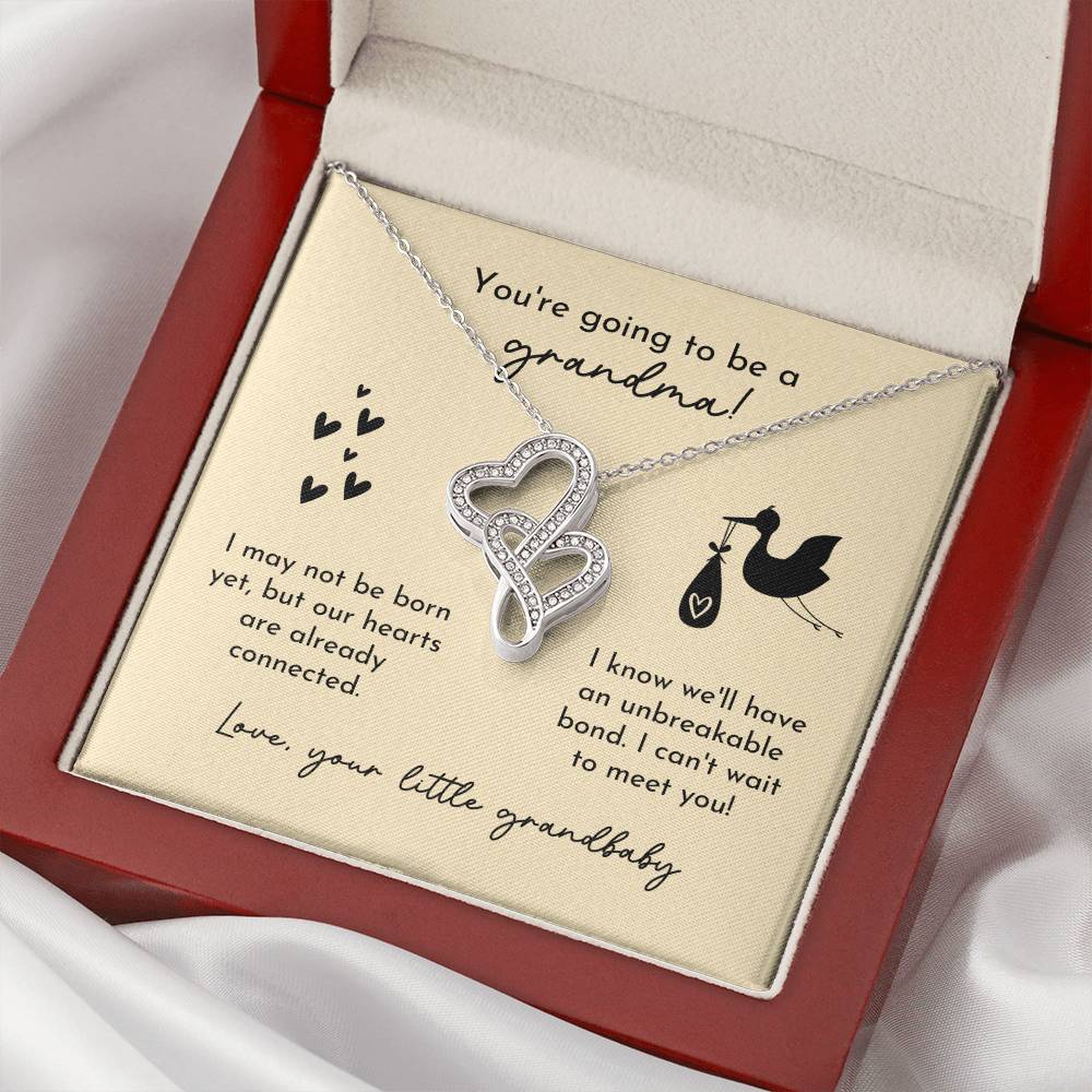 Grandma To Be Birth Announcement Double Hearts Yellow Stork Double Hearts Necklace