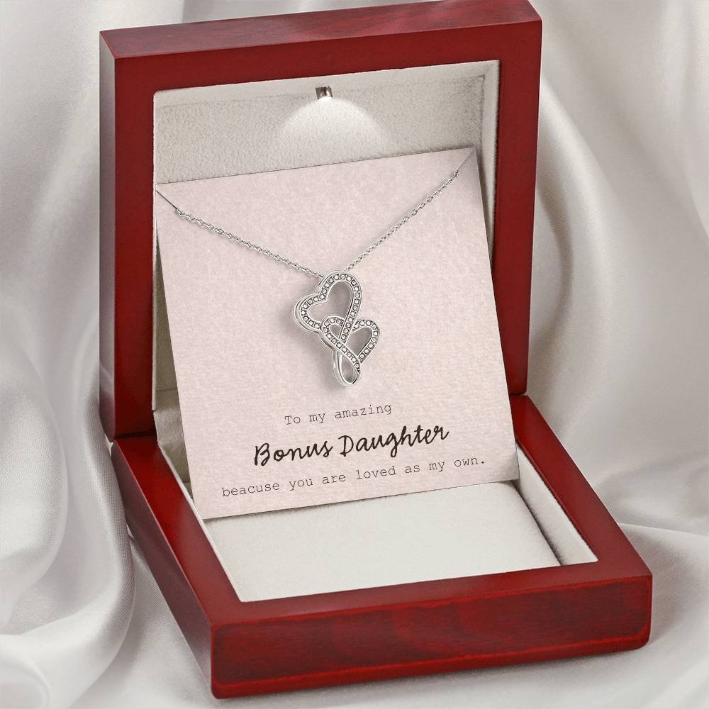 To My Amazing Bonus Daughter - Pink Double Hearts Necklace