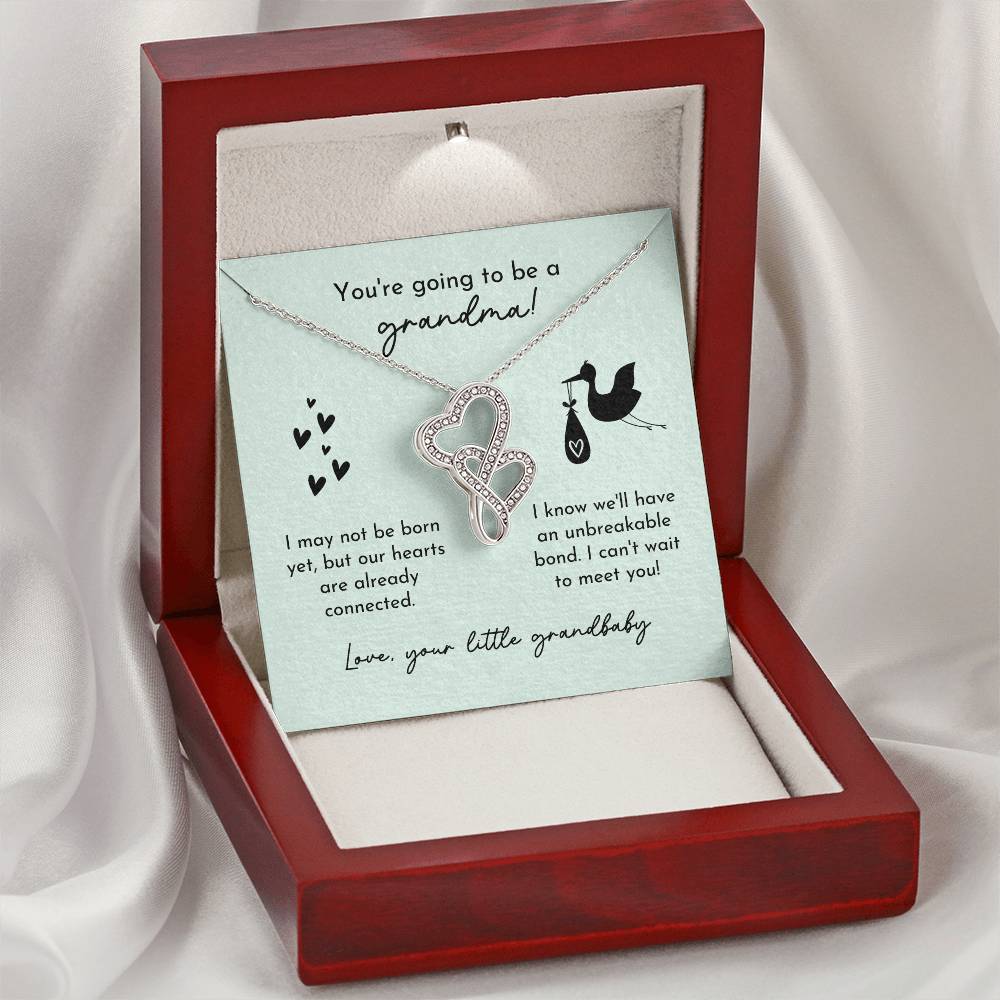 Grandma To Be Birth Announcement Double Hearts Mint Stork Double Hearts Necklace