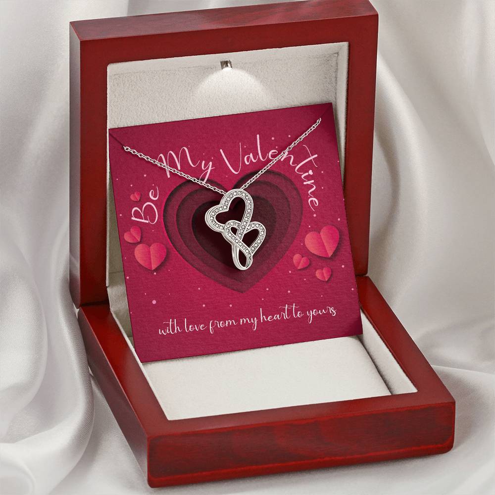 Be My Valentine Double Heart Necklace Sparkling Crystals On 14K White Gold Thoughtfully Presented With Gift Box. Double Hearts Necklace