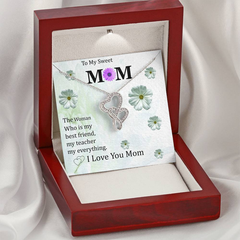 To My Sweet Mom With Pod Message Cards Gift For Mom. Double Hearts Necklace