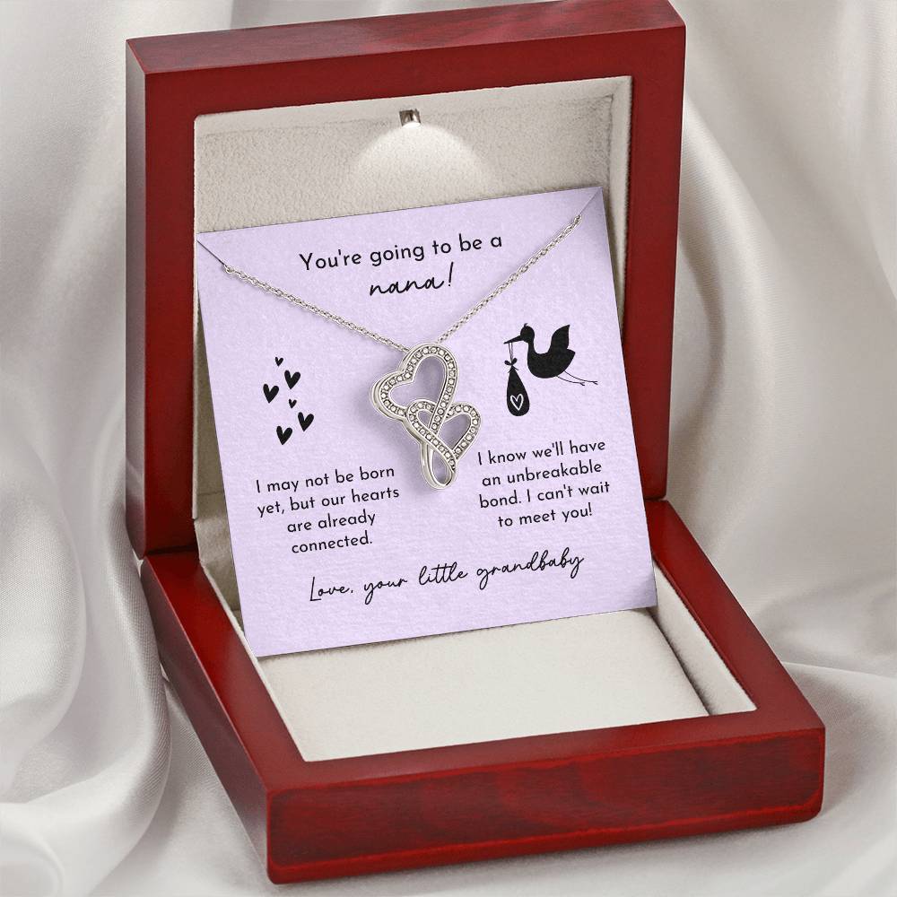 Nana To Be Birth Announcement Double Hearts Lavender Stork Double Hearts Necklace