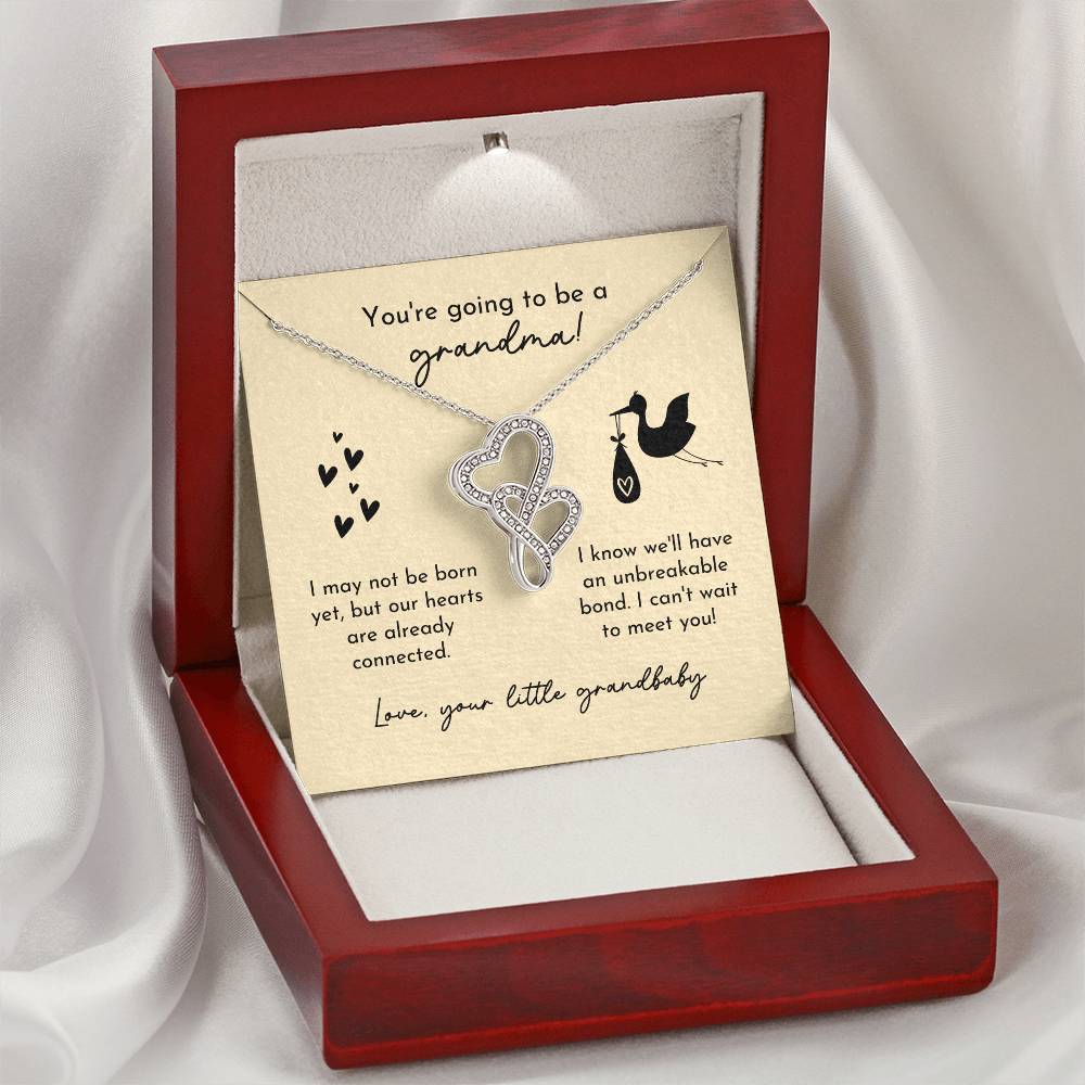 Grandma To Be Birth Announcement Double Hearts Yellow Stork Double Hearts Necklace