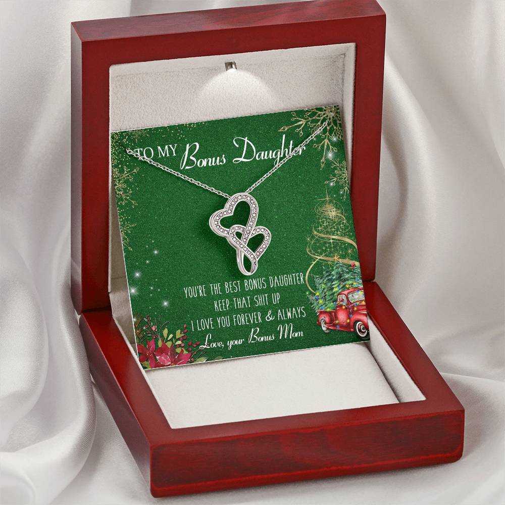 To My Bonus Daughter Forever Love Necklace Christmas Gift - Bonus Daughter Double Heart Necklace - Step Daughter Gift Double Hearts Necklace