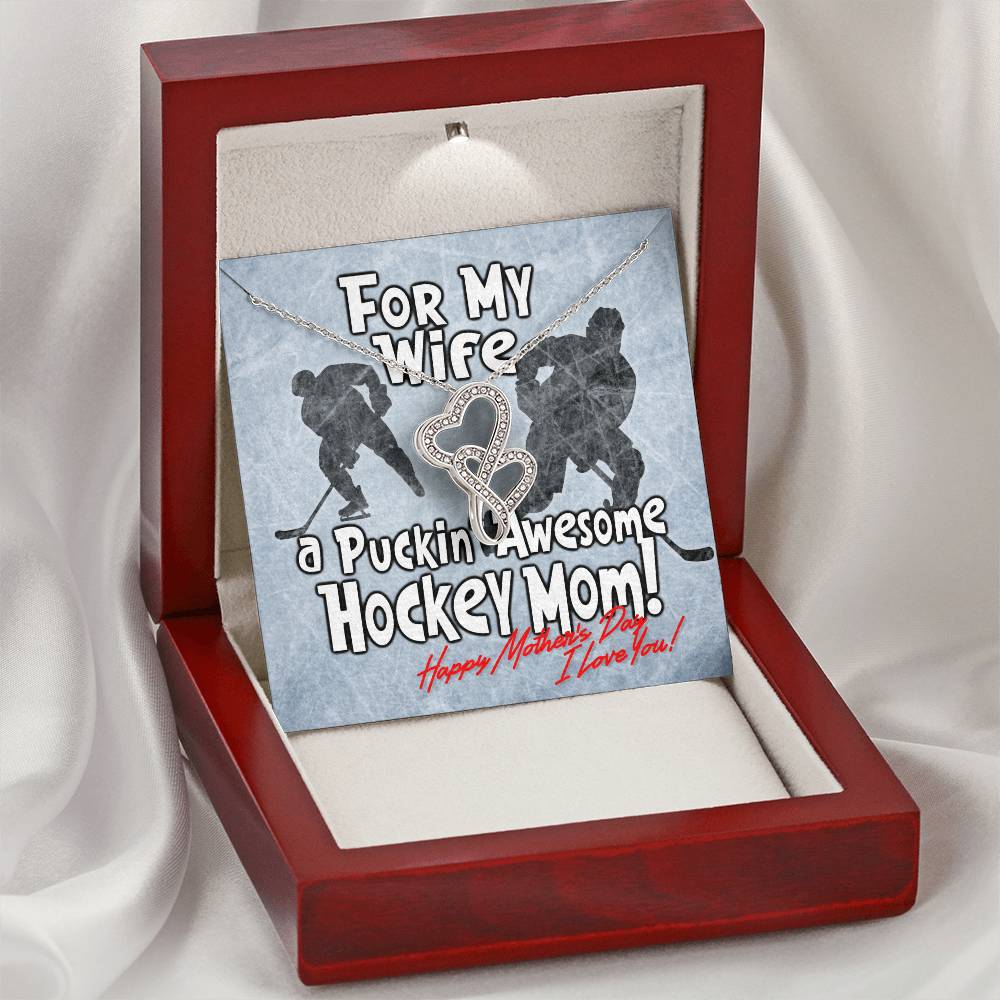 Hockey Mom Necklace - Puckin' Awesome Hockey Mom - Happy Mothers Day - Hockey Mom Necklace Hockey Jewelry Hockey Gifts Double Hearts Necklace