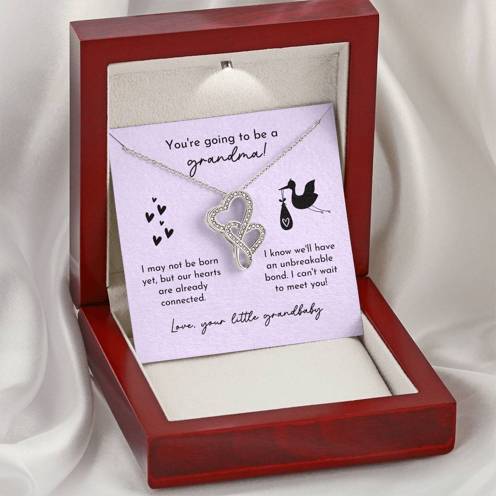 Grandma To Be Birth Announcement Double Hearts Lavender Stork Double Hearts Necklace