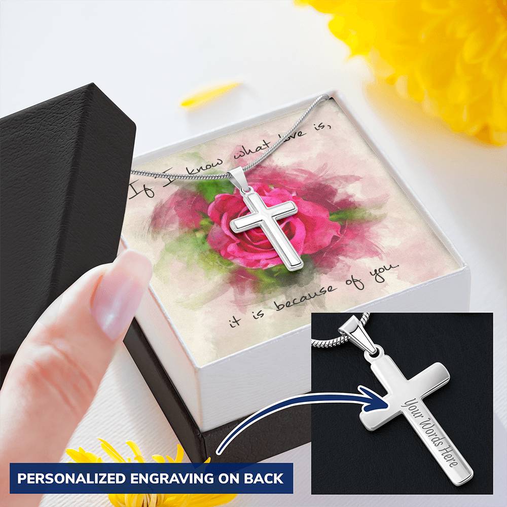 Cross Necklace - Engravable - Red Rose Message Card Customize Engraved Cross Necklace