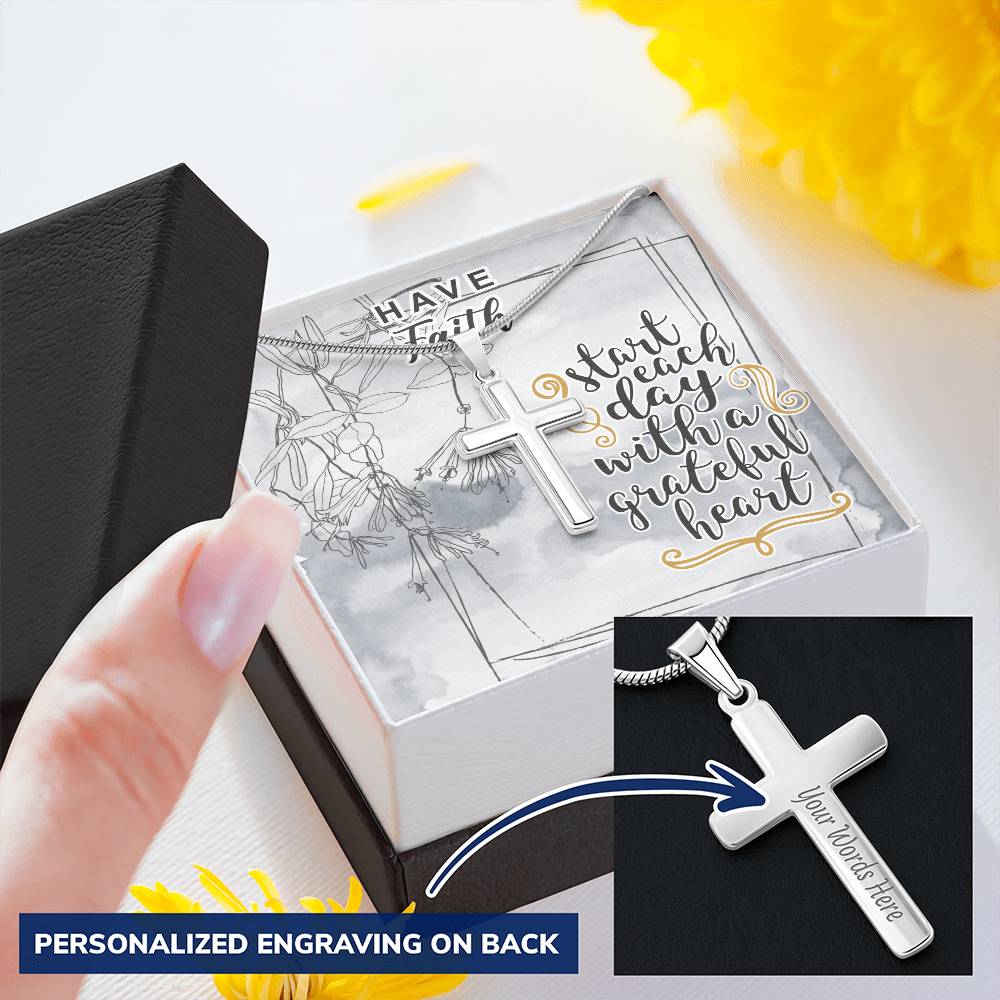 Dad To Son Gifts - Start Each Day With A Grateful Heart Customize Engraved Cross Necklace