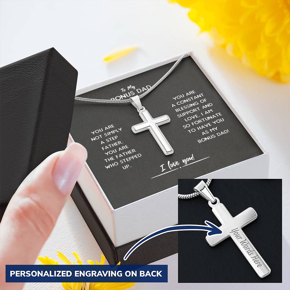 Bonus Dad Cross Necklace Gift For Stepdad Customize Engraved Cross Necklace