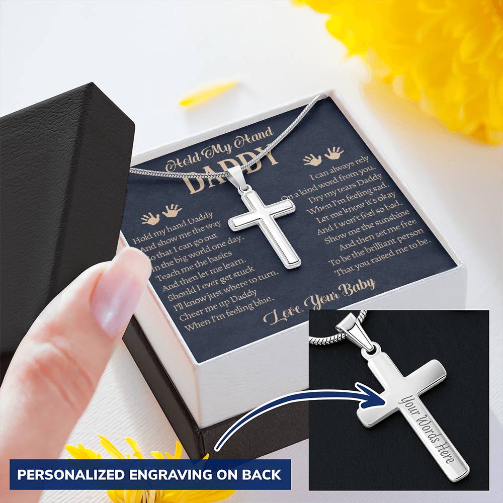 Fathers Day Gift From Baby Customize Father Gift From Baby Hold My Hand Daddy Gift Daddy Customize Engraved Cross Necklace