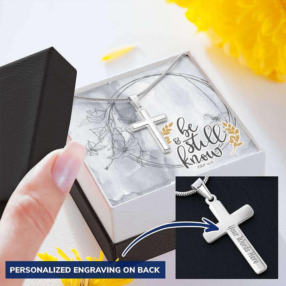 Dad To Son Gifts Cross Necklace Chain Bible Verse - Be Still & Know Customize Engraved Cross Necklace