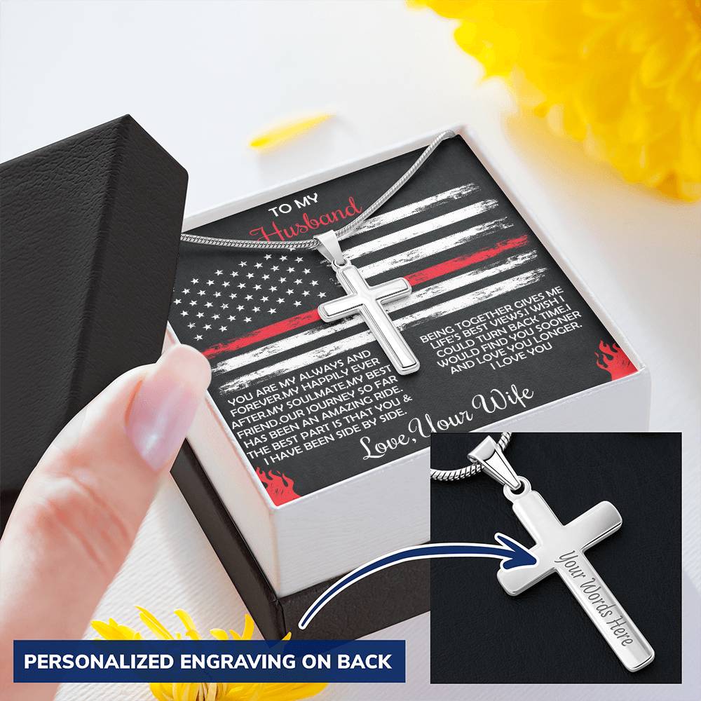 Firefighter Cross Necklace From Wife - Firefighter Birthday Gift Customize Engraved Cross Necklace