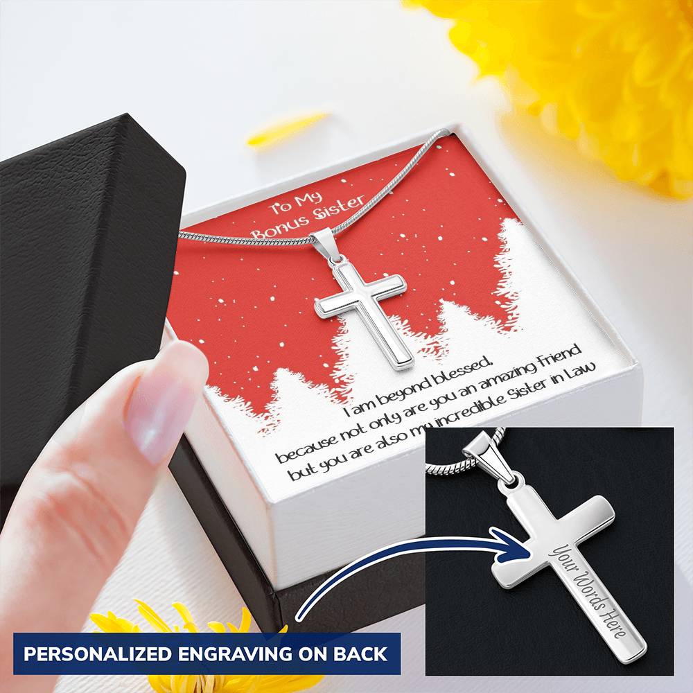 Bonus Sister Cross Necklace Christmas Gift Customize Engraved Cross Necklace