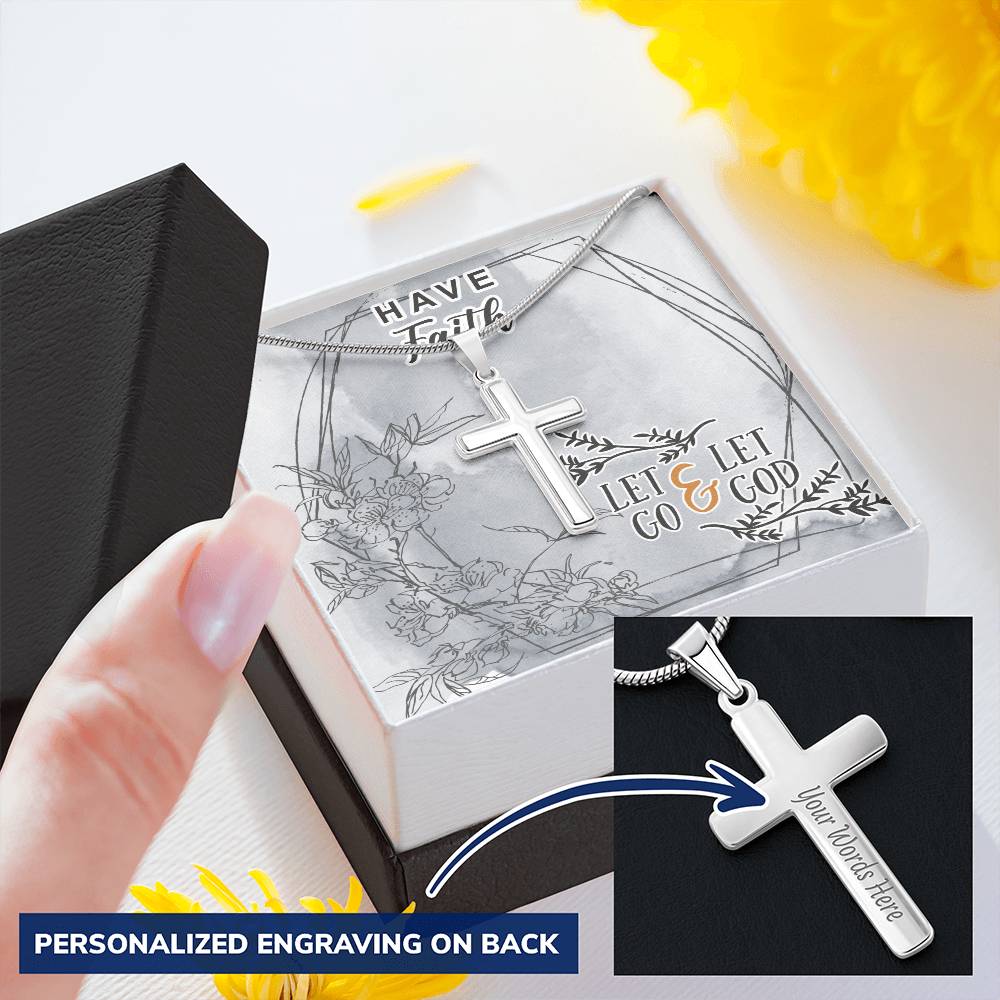 Dad To Son Gifts Cross Necklace Chain Bible Verse - Let Go & Let God Customize Engraved Cross Necklace