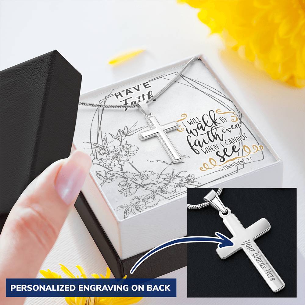 Dad To Son Gifts - I Will Walk By Faith Even When I Cannot See Customize Engraved Cross Necklace