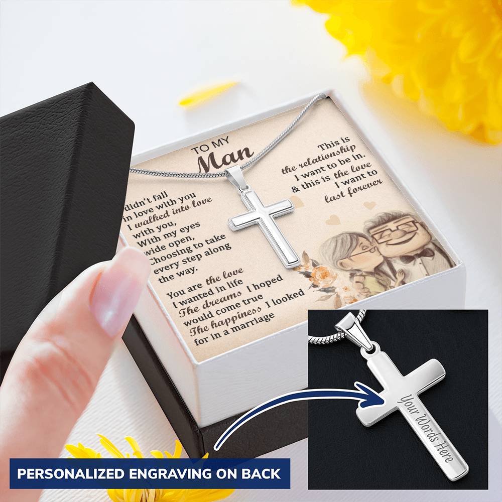 For Your Man - Walk Into Love - Cross Customize Engraved Cross Necklace