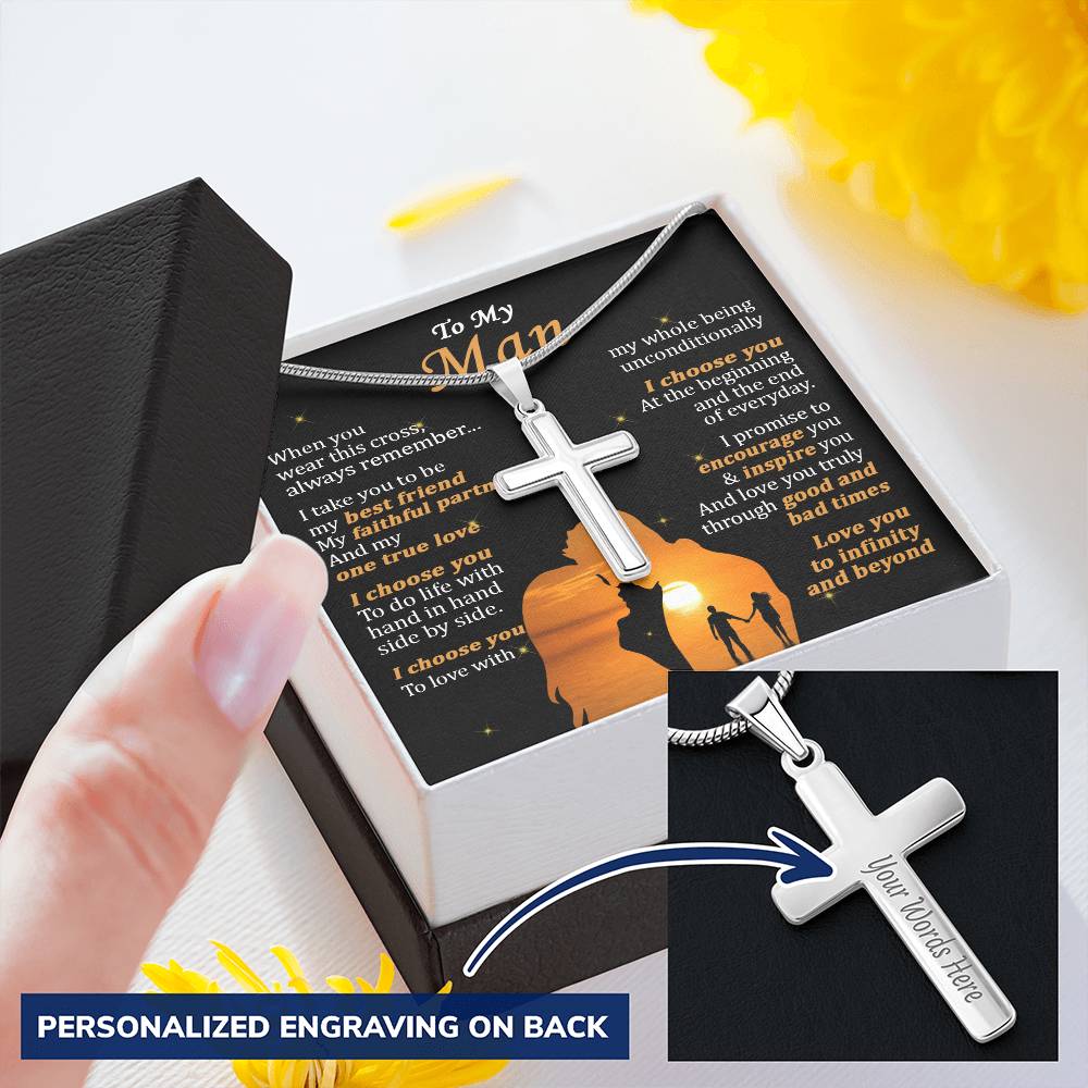 For Your Man - I Promise - Cross Customize Engraved Cross Necklace