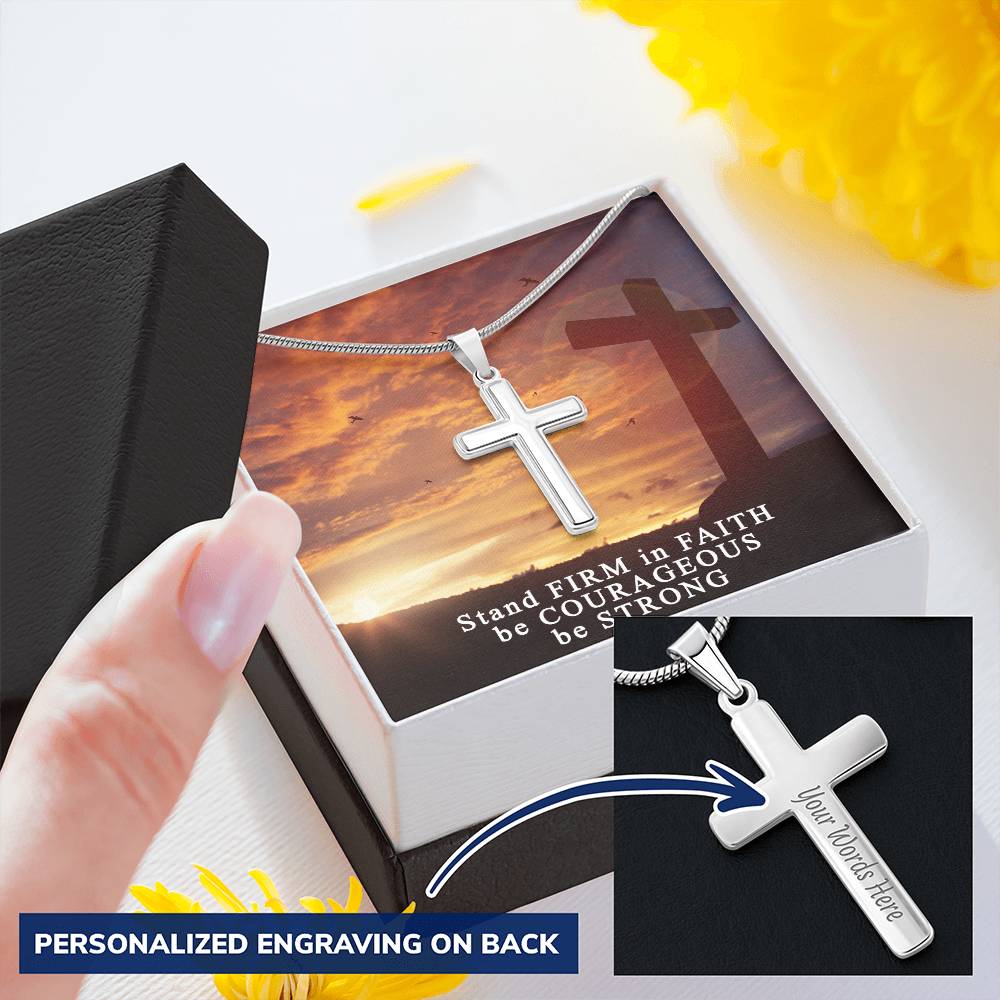 Artisan Crafted 14K White Gold Finish Cross Necklace With Inspirational Faith Card Customize Engraved Cross Necklace