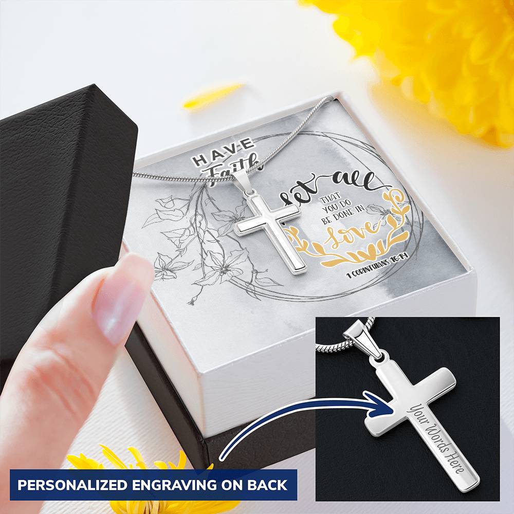 Dad To Son Gifts - Let All That You Do Be Done In Love Customize Engraved Cross Necklace