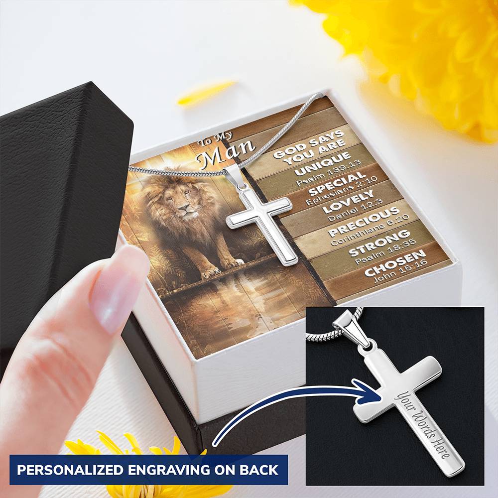 For Your Man - God Says - Cross Customize Engraved Cross Necklace