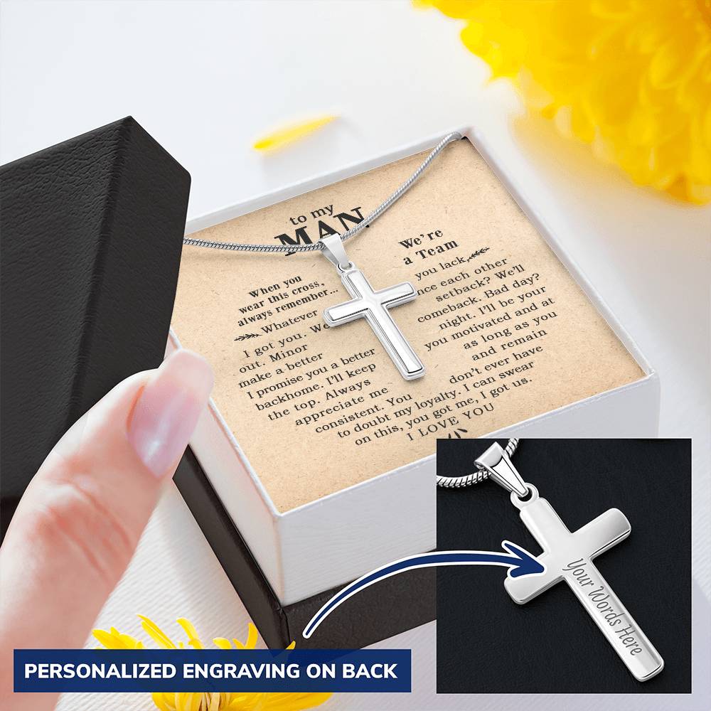 For Your Man - Balance Each Other - Cross Customize Engraved Cross Necklace