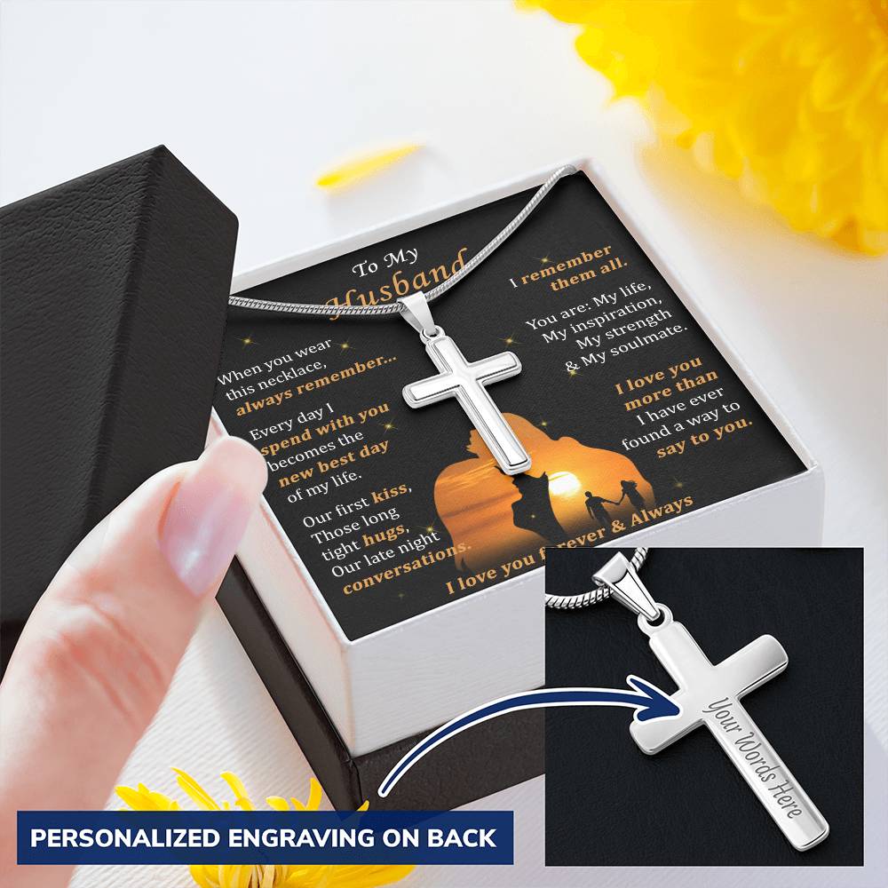 For Husband - Long Tight Hugs - Cross Customize Engraved Cross Necklace