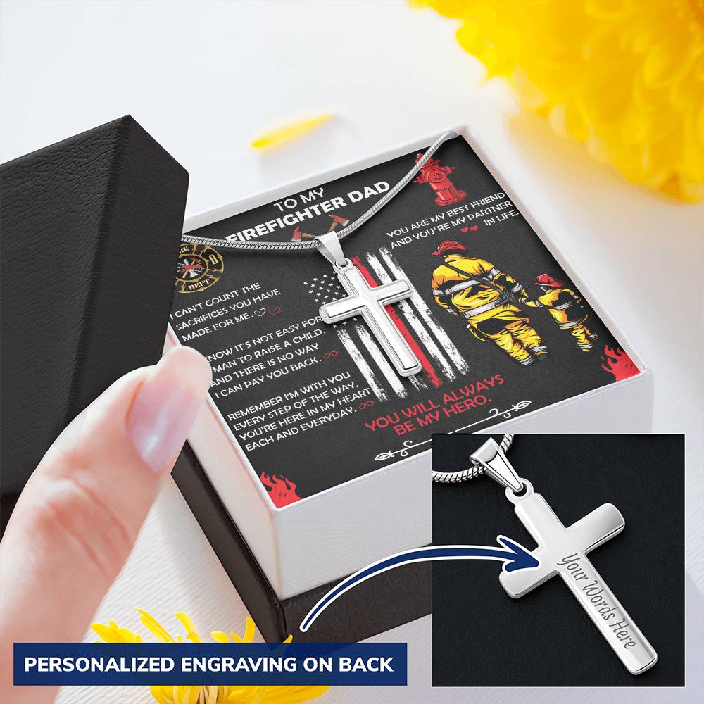 Firefighter Dad Gift- Father's Day Gift For Firefighter- Firefighter Gift- Firefighter Cross Necklace Customize Engraved Cross Necklace