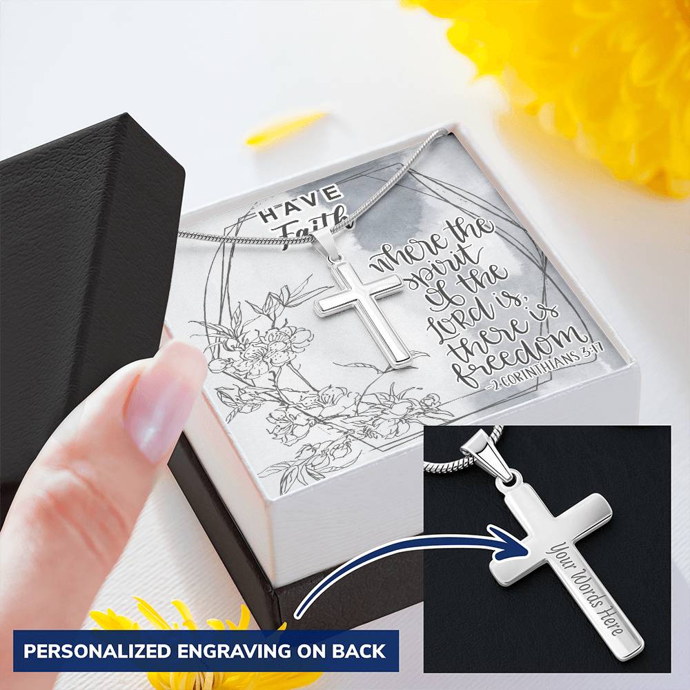 Dad To Son Gifts - Where The Spirit Of The Lord Is There Is Freedom Customize Engraved Cross Necklace