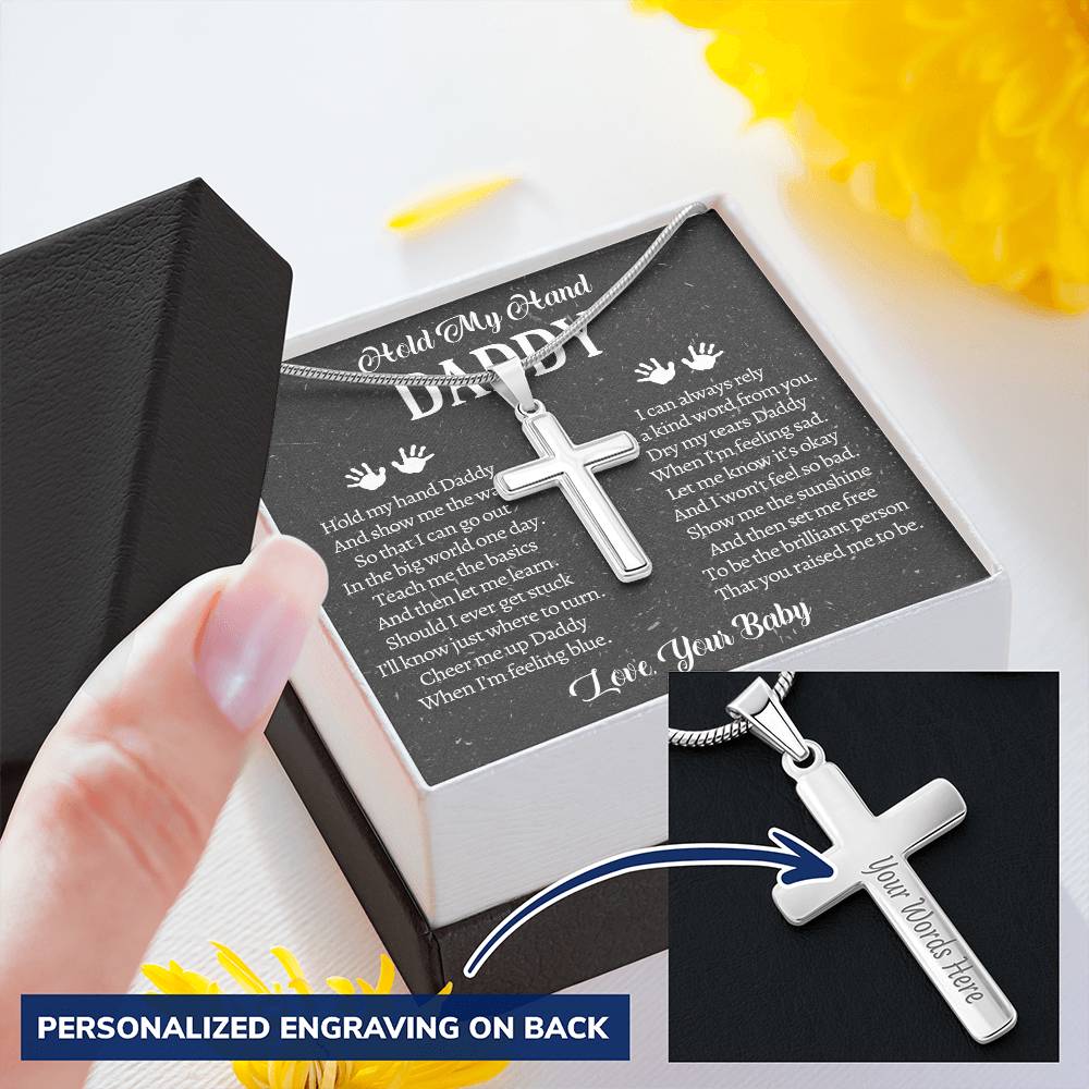 Fathers Day Gift From Baby Customize Father Gift From Baby Hold My Hand Daddy Gift Customize Engraved Cross Necklace