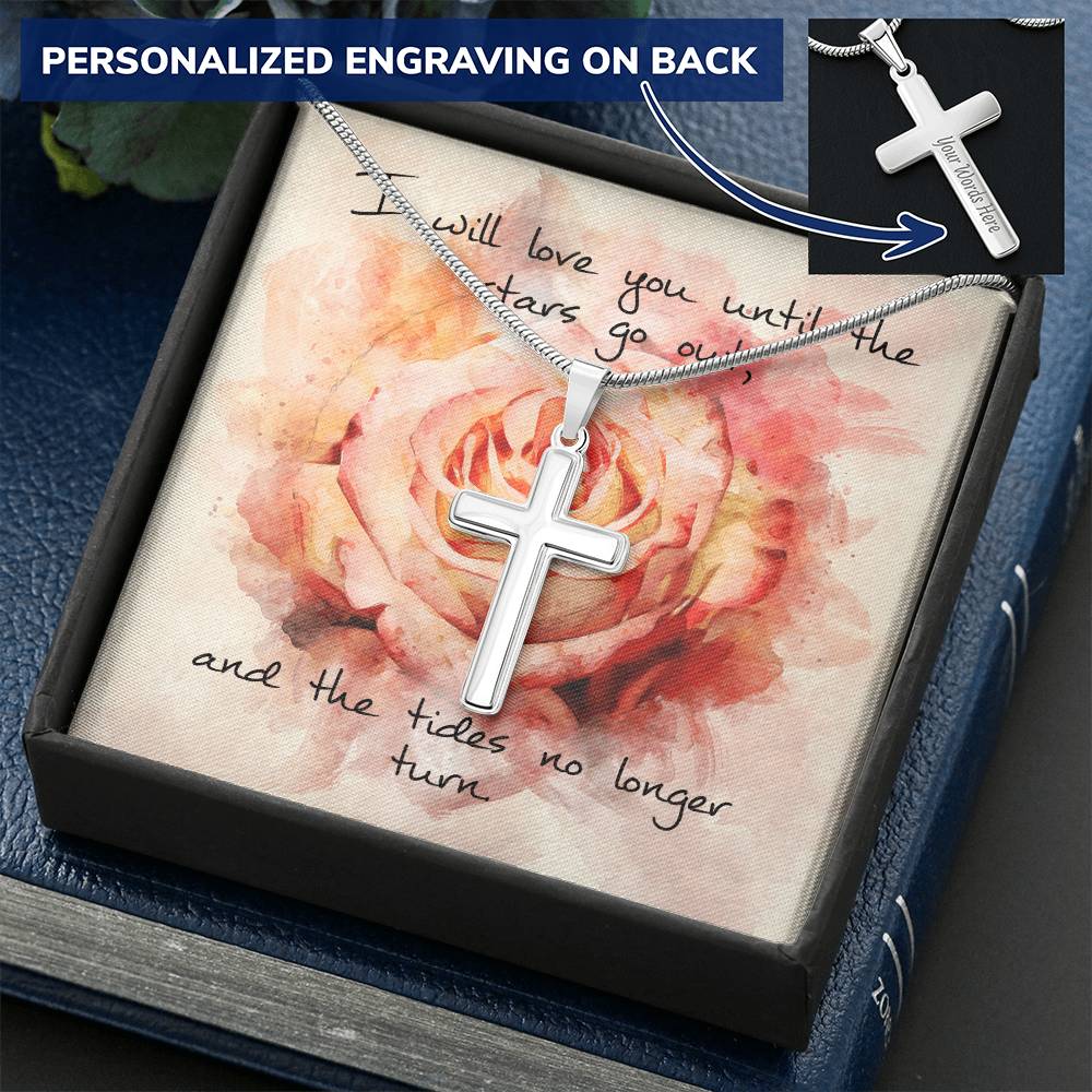 Cross Necklace - Engravable - Pink Rose Message Card Customize Engraved Cross Necklace
