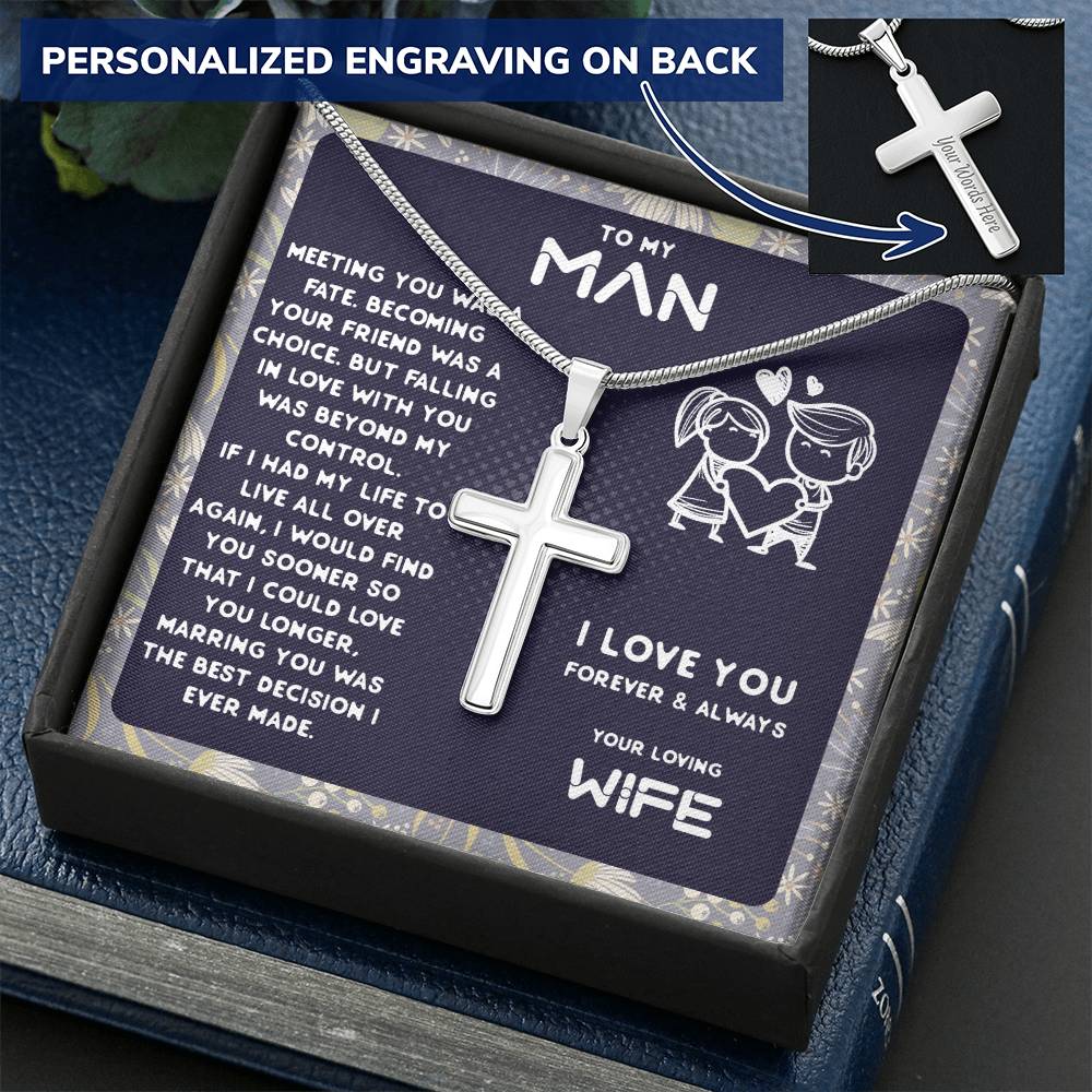 Anniversary Gift For Husband Gift For Husband From Wife. Customize Engraved Cross Necklace